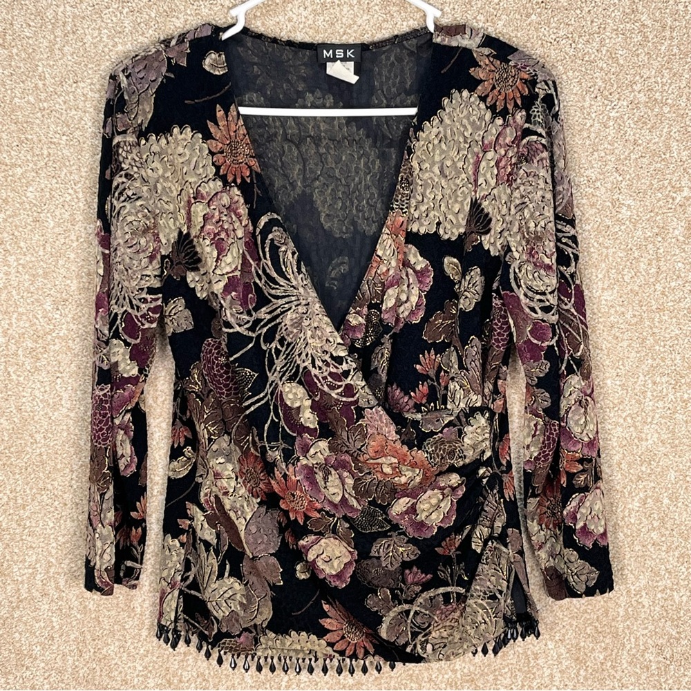 Vintage Y2K MSK Women's Black Floral top beading shoulder pads‎ ruched v neck